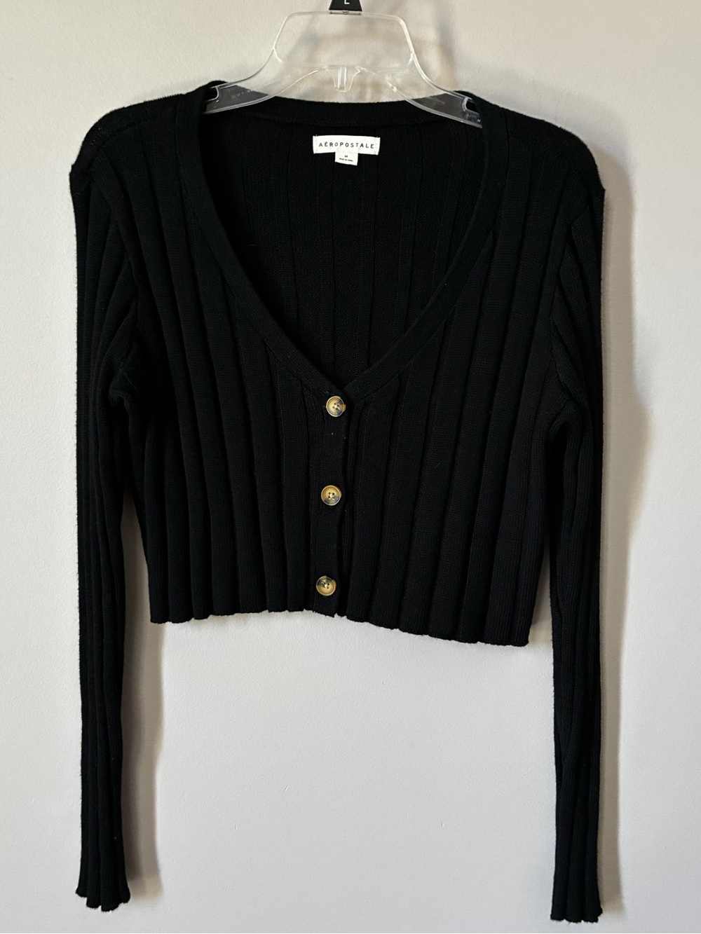 Aéropostale Black Ribbed Cropped Cardigan Sweater Size M